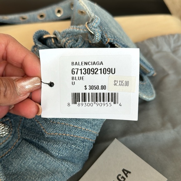 BALENCIAGA 
WOMEN'S LE CAGOLE XS SHOULDER BAG DENIM IN BLUE WITH CRYSTALS - Picture 12 of 14